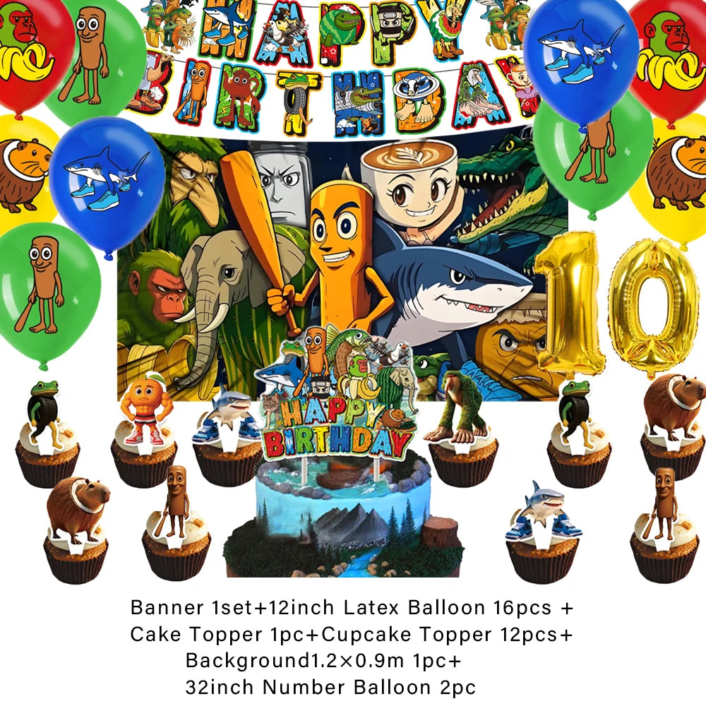 Cartoon Tung Tung Sahur Tralalo Theme Kids Birthday Party Decoration Game Brainrot Banner Background Balloon  Baby Supply Gift