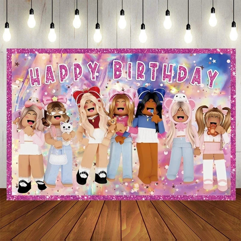 Roblox Birthday Children Decoration Pink Girl Balloons Tableware bag Paper Plate Cup Straw Party Supplies Robot Game Baby Shower