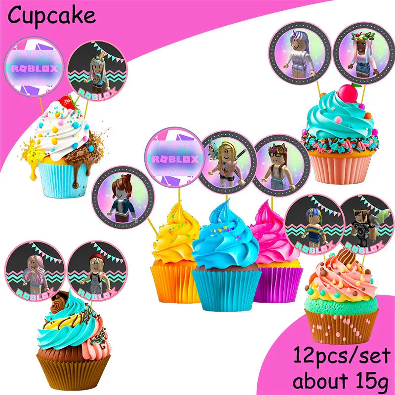 Pink Robloxed Themed Birthday Decoration Disposable Tableware Plates Cups Napkins Party Supplies Girl Baby Shower Decoration