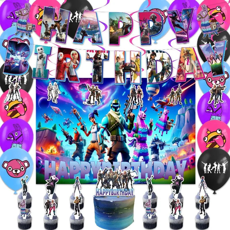 Fortnite Shooting Game Birthday Party Decoration Supplies Birthday Banner Cake Topper 24 Cupcake Toppers 18 Balloons Backdrop