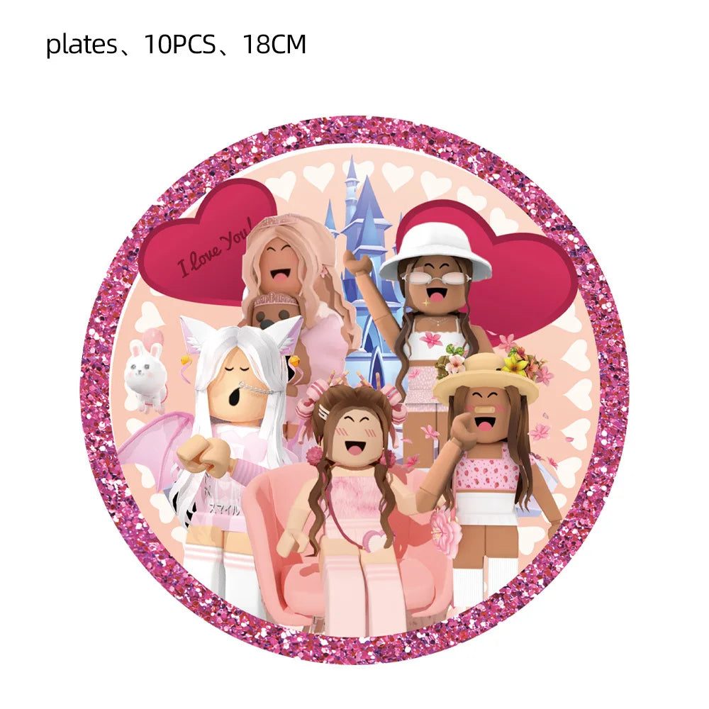 Roblox Birthday Children Decoration Pink Girl Balloons Tableware bag Paper Plate Cup Straw Party Supplies Robot Game Baby Shower