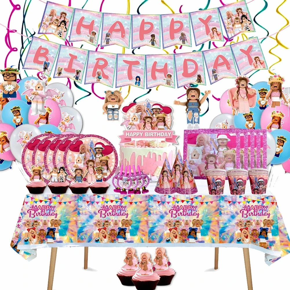 Roblox Birthday Children Decoration Pink Girl Balloons Tableware bag Paper Plate Cup Straw Party Supplies Robot Game Baby Shower