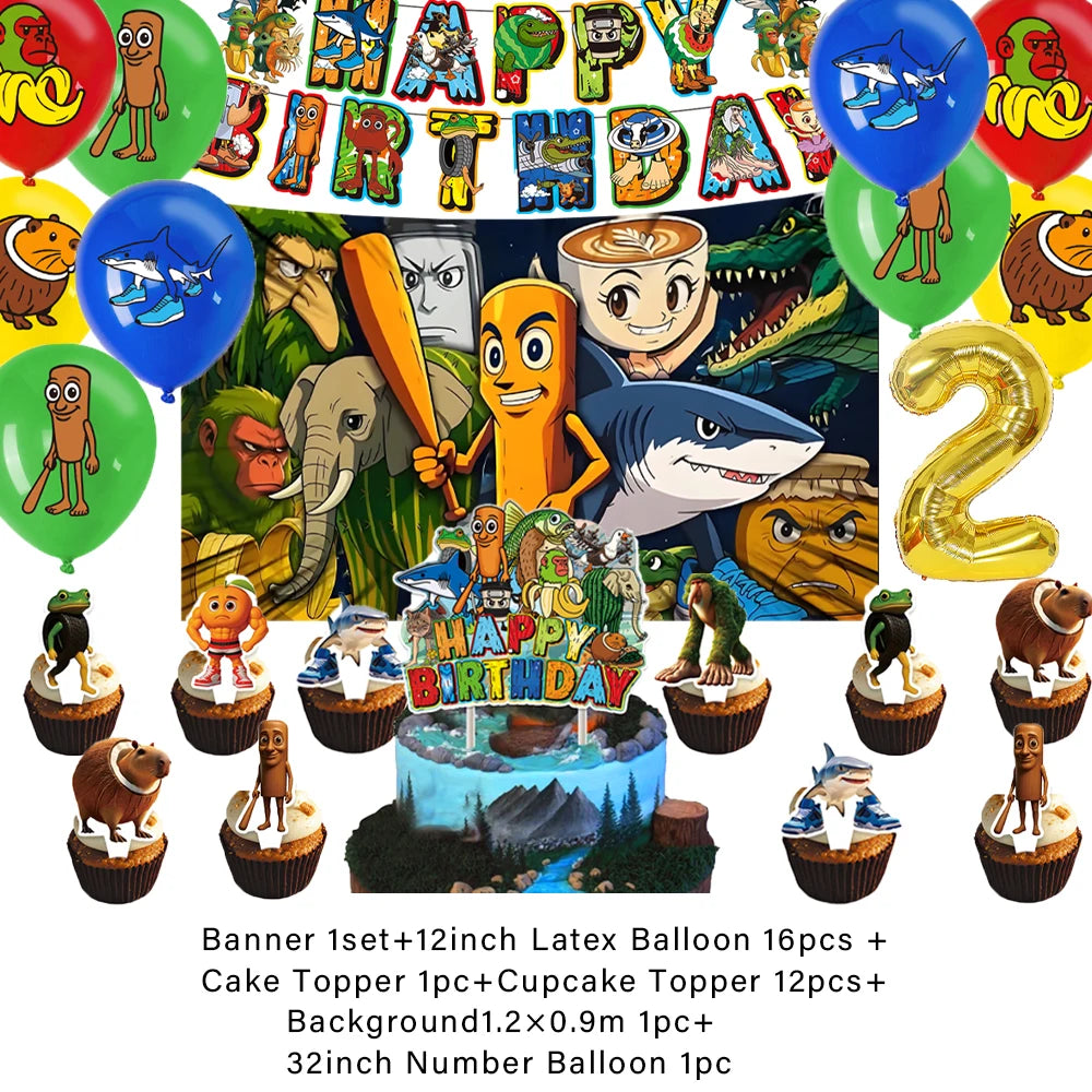 Cartoon Tung Tung Sahur Tralalo Theme Kids Birthday Party Decoration Game Brainrot Banner Background Balloon  Baby Supply Gift