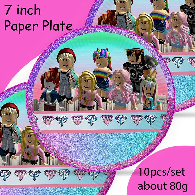 Pink Robloxed Themed Birthday Decoration Disposable Tableware Plates Cups Napkins Party Supplies Girl Baby Shower Decoration