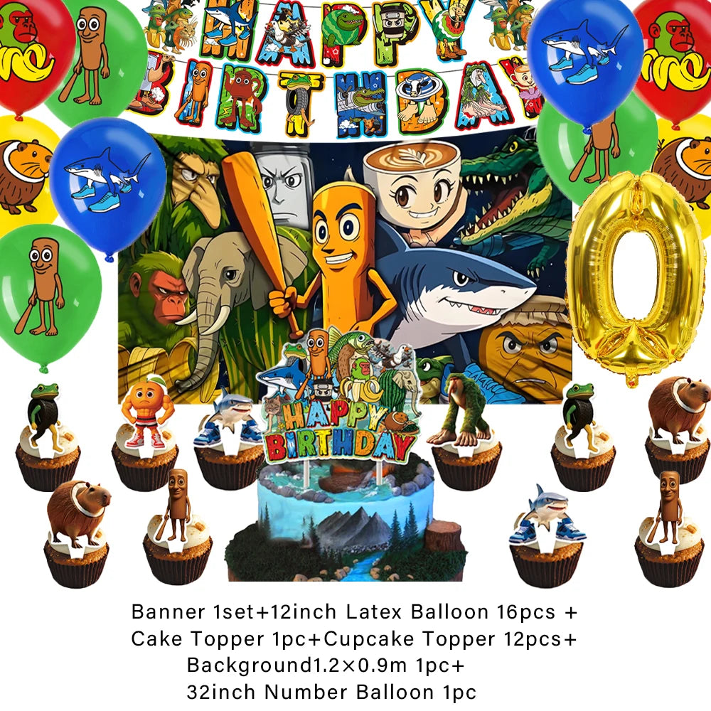 Cartoon Tung Tung Sahur Tralalo Theme Kids Birthday Party Decoration Game Brainrot Banner Background Balloon  Baby Supply Gift