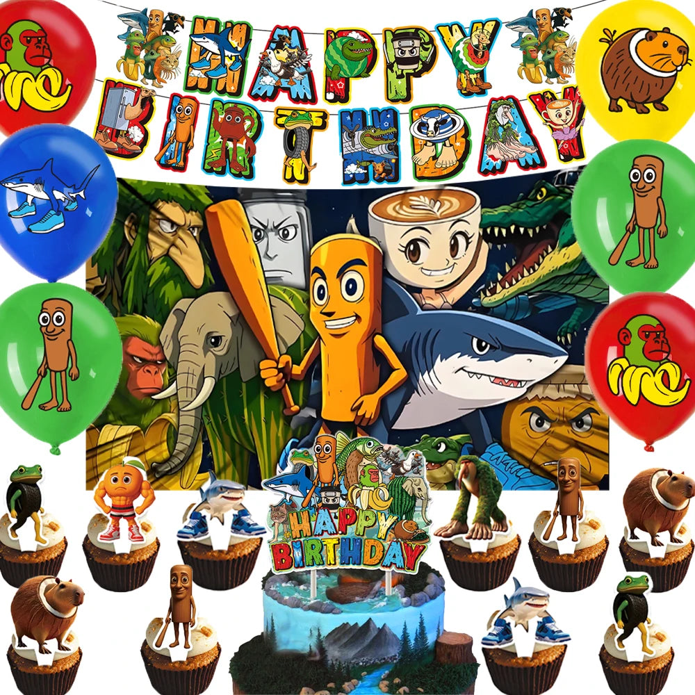 Cartoon Tung Tung Sahur Tralalo Theme Kids Birthday Party Decoration Game Brainrot Banner Background Balloon  Baby Supply Gift