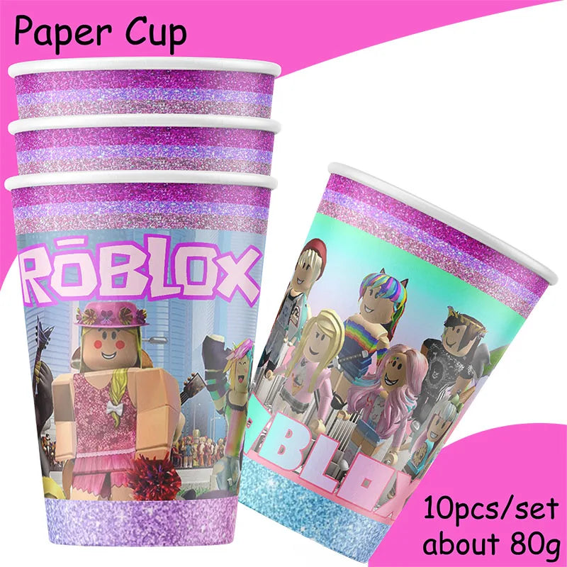 Pink Robloxed Themed Birthday Decoration Disposable Tableware Plates Cups Napkins Party Supplies Girl Baby Shower Decoration