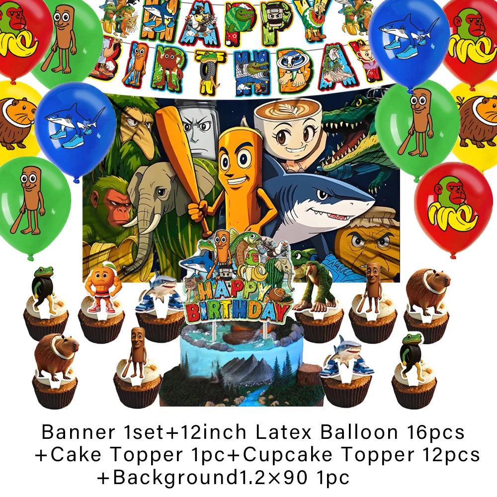 Cartoon Tung Tung Sahur Tralalo Theme Kids Birthday Party Decoration Game Brainrot Banner Background Balloon  Baby Supply Gift
