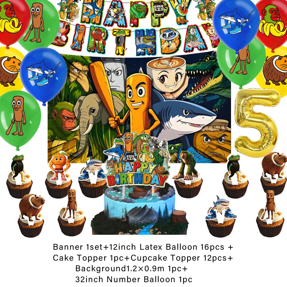 Cartoon Tung Tung Sahur Tralalo Theme Kids Birthday Party Decoration Game Brainrot Banner Background Balloon  Baby Supply Gift