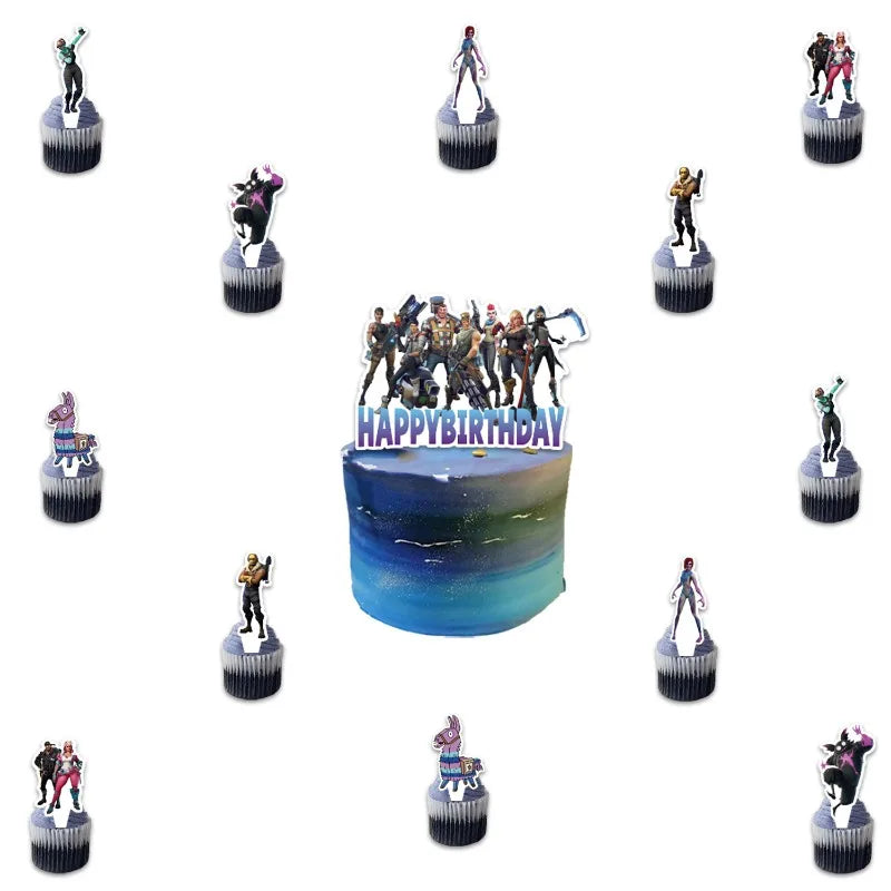 Fortnite Shooting Game Birthday Party Decoration Supplies Birthday Banner Cake Topper 24 Cupcake Toppers 18 Balloons Backdrop