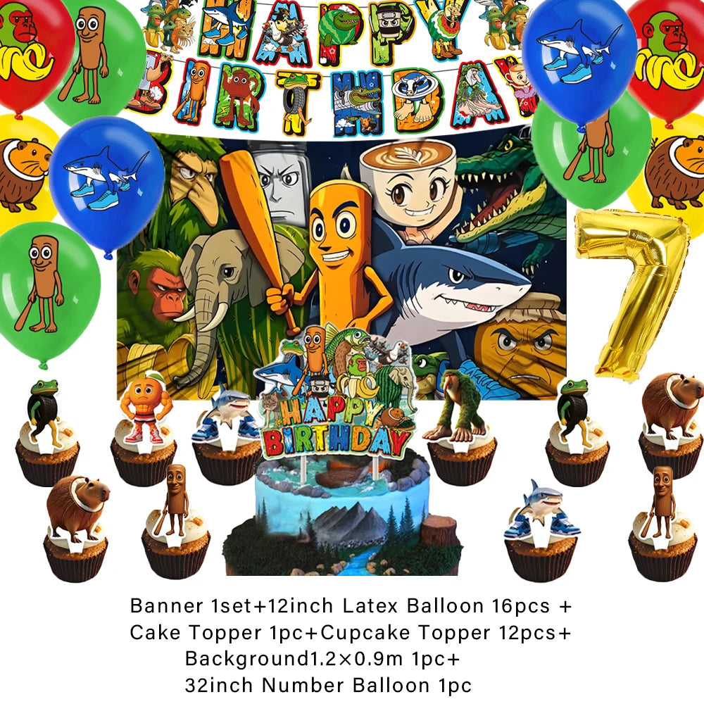 Cartoon Tung Tung Sahur Tralalo Theme Kids Birthday Party Decoration Game Brainrot Banner Background Balloon  Baby Supply Gift