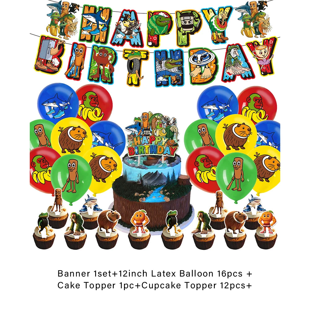 Cartoon Tung Tung Sahur Tralalo Theme Kids Birthday Party Decoration Game Brainrot Banner Background Balloon  Baby Supply Gift