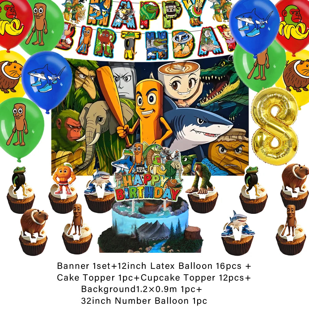 Cartoon Tung Tung Sahur Tralalo Theme Kids Birthday Party Decoration Game Brainrot Banner Background Balloon  Baby Supply Gift
