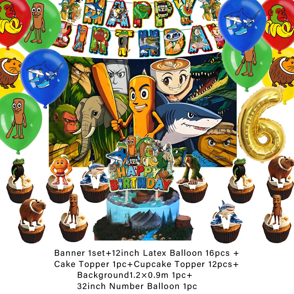 Cartoon Tung Tung Sahur Tralalo Theme Kids Birthday Party Decoration Game Brainrot Banner Background Balloon  Baby Supply Gift
