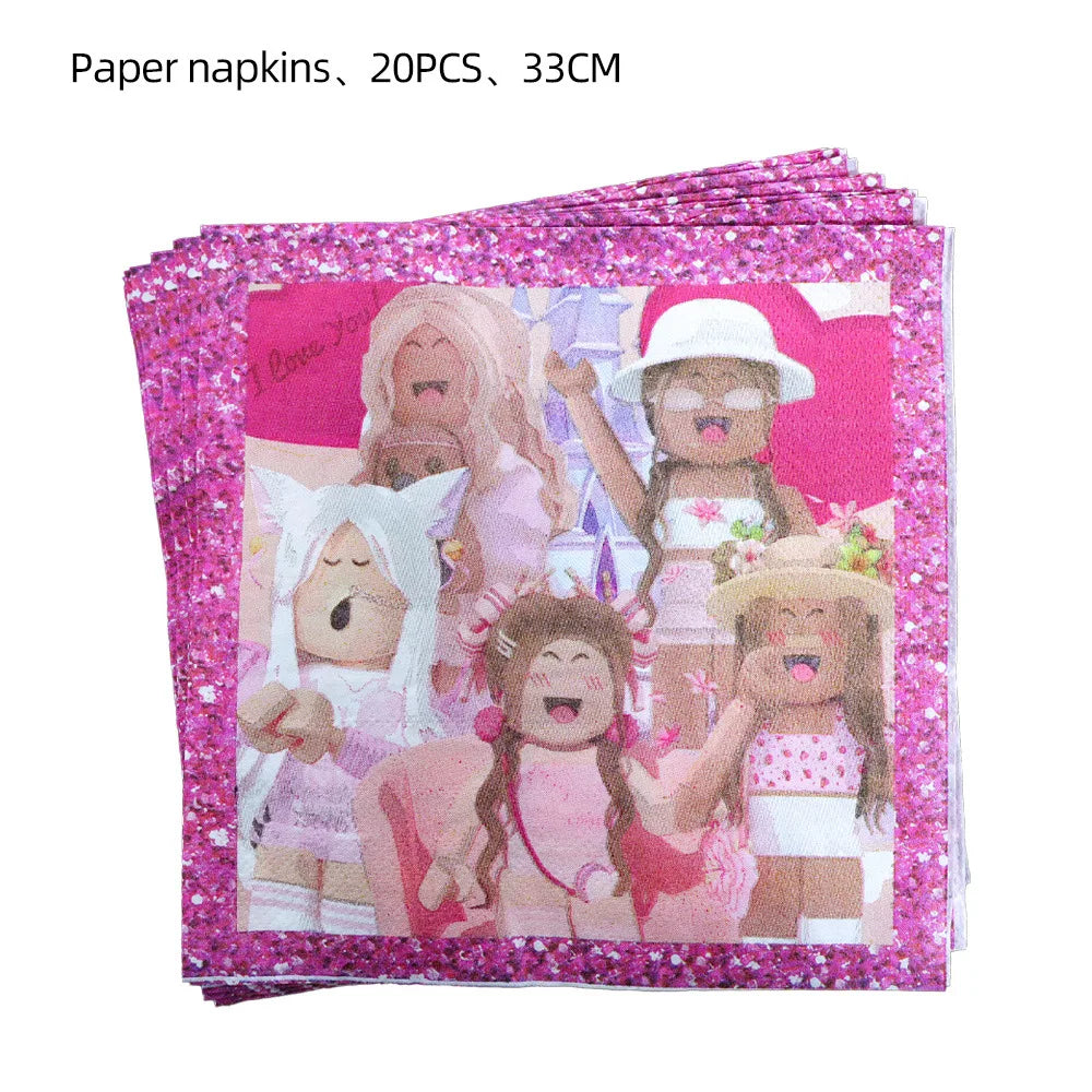 Roblox Birthday Children Decoration Pink Girl Balloons Tableware bag Paper Plate Cup Straw Party Supplies Robot Game Baby Shower