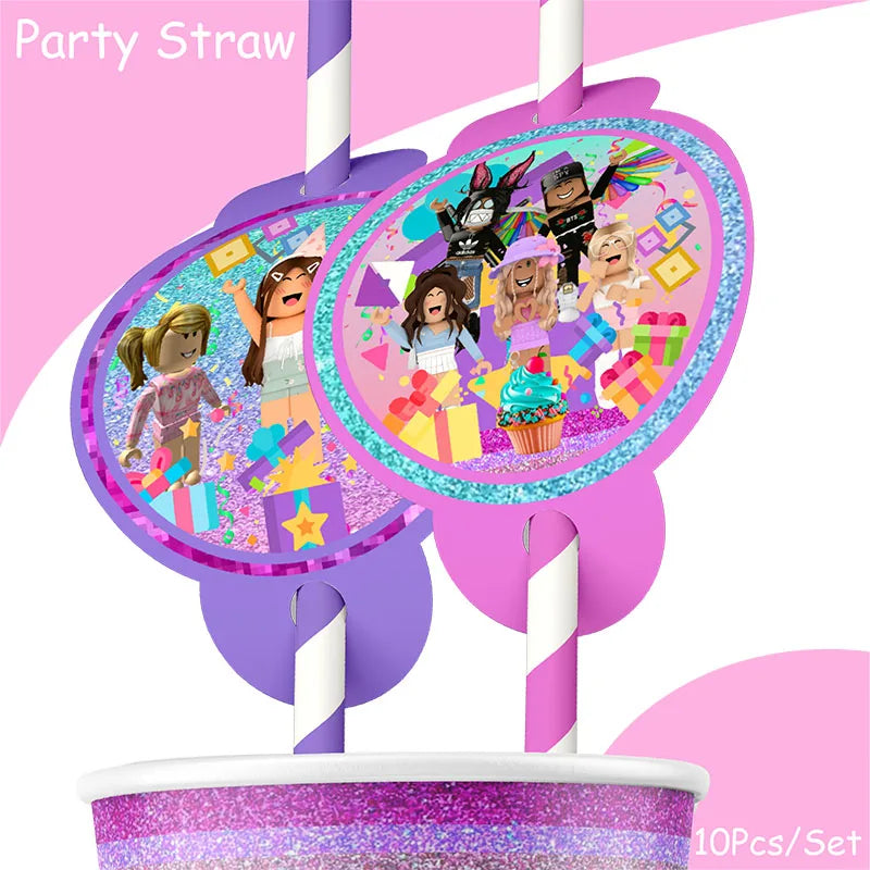 Pink Robloxed Themed Birthday Decoration Disposable Tableware Plates Cups Napkins Party Supplies Girl Baby Shower Decoration