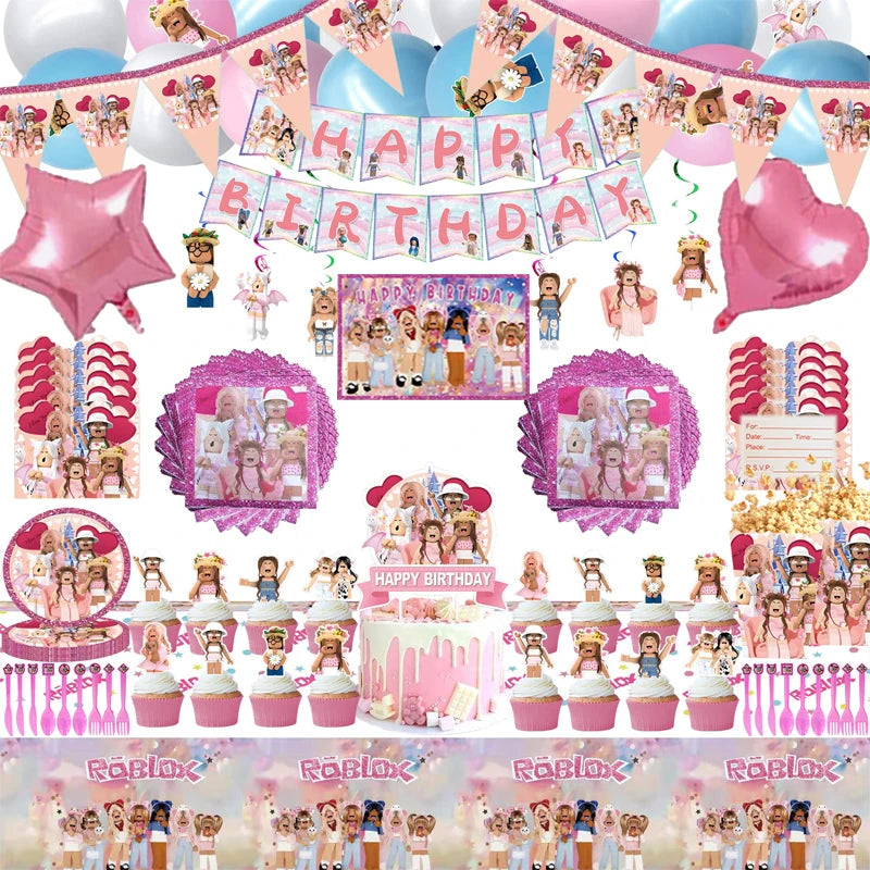 Roblox Birthday Children Decoration Pink Girl Balloons Tableware bag Paper Plate Cup Straw Party Supplies Robot Game Baby Shower