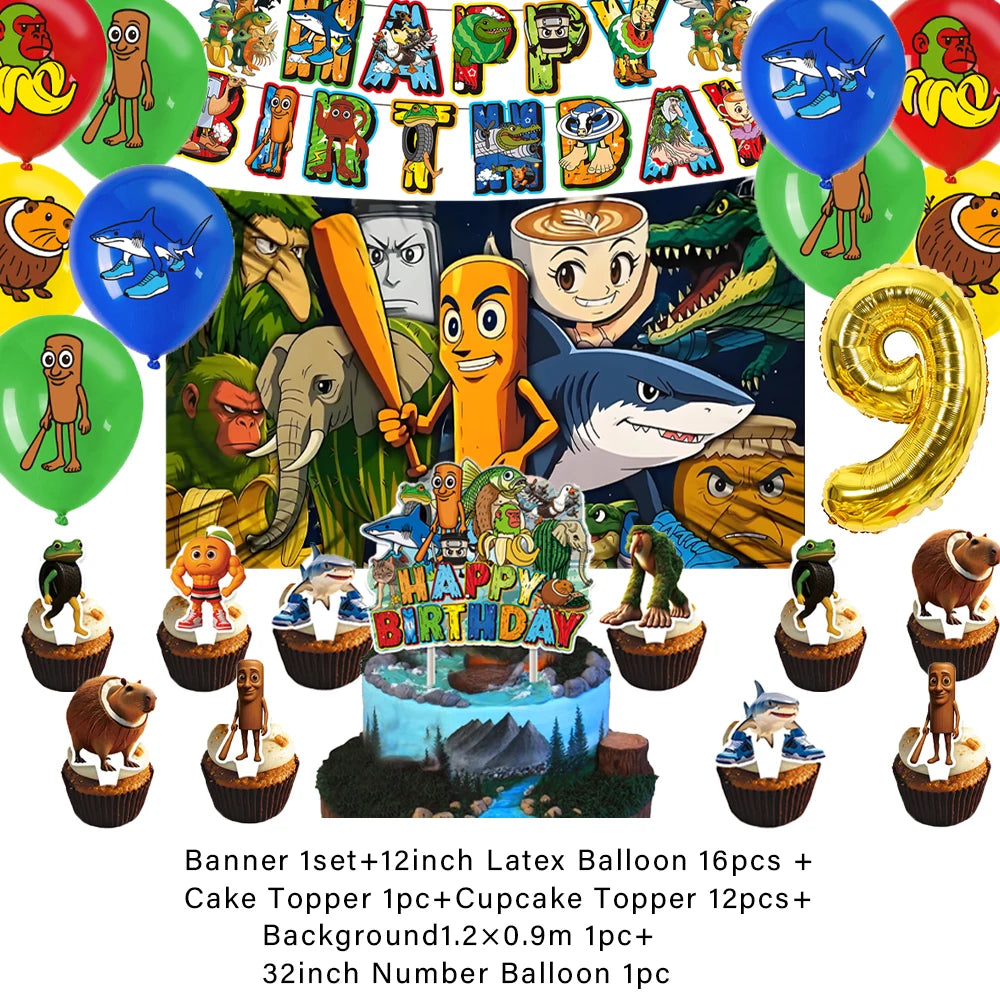 Cartoon Tung Tung Sahur Tralalo Theme Kids Birthday Party Decoration Game Brainrot Banner Background Balloon  Baby Supply Gift