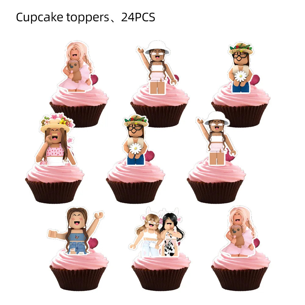 Roblox Birthday Children Decoration Pink Girl Balloons Tableware bag Paper Plate Cup Straw Party Supplies Robot Game Baby Shower