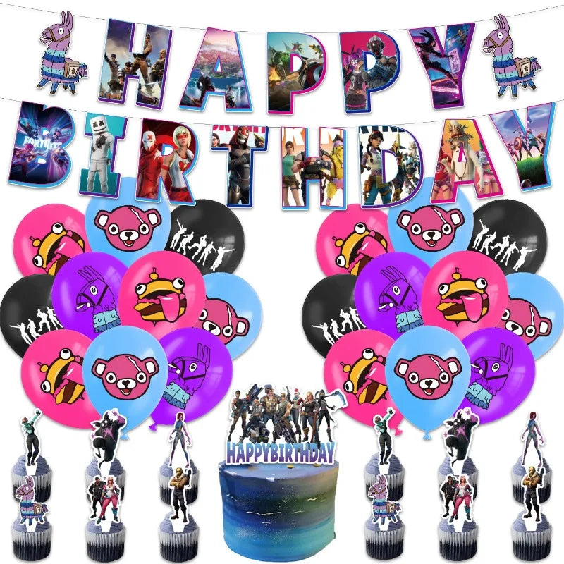 Fortnite Shooting Game Birthday Party Decoration Supplies Birthday Banner Cake Topper 24 Cupcake Toppers 18 Balloons Backdrop